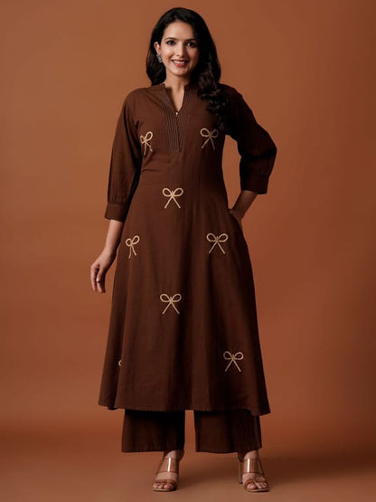 Chocolate Brown Bow Embroidered Kurta Set
