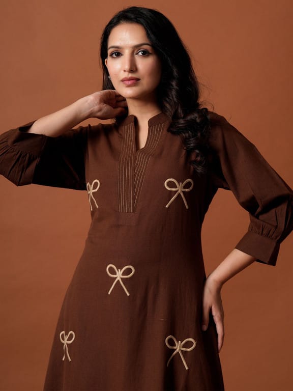 Chocolate Brown Bow Embroidered Kurta Set