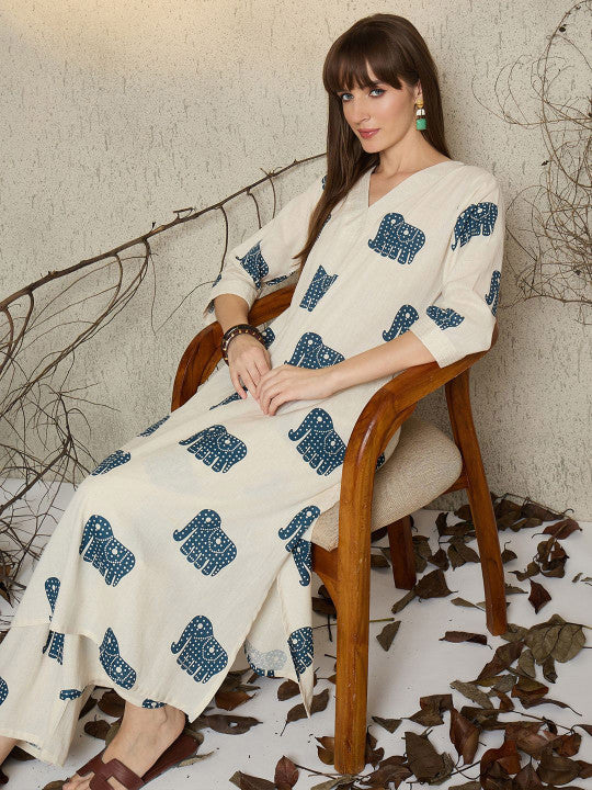 Off-White Cotton Elephant Print Kurta Palazzo Set