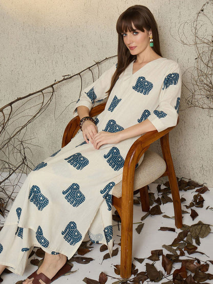 Off-White Cotton Elephant Print Kurta Palazzo Set