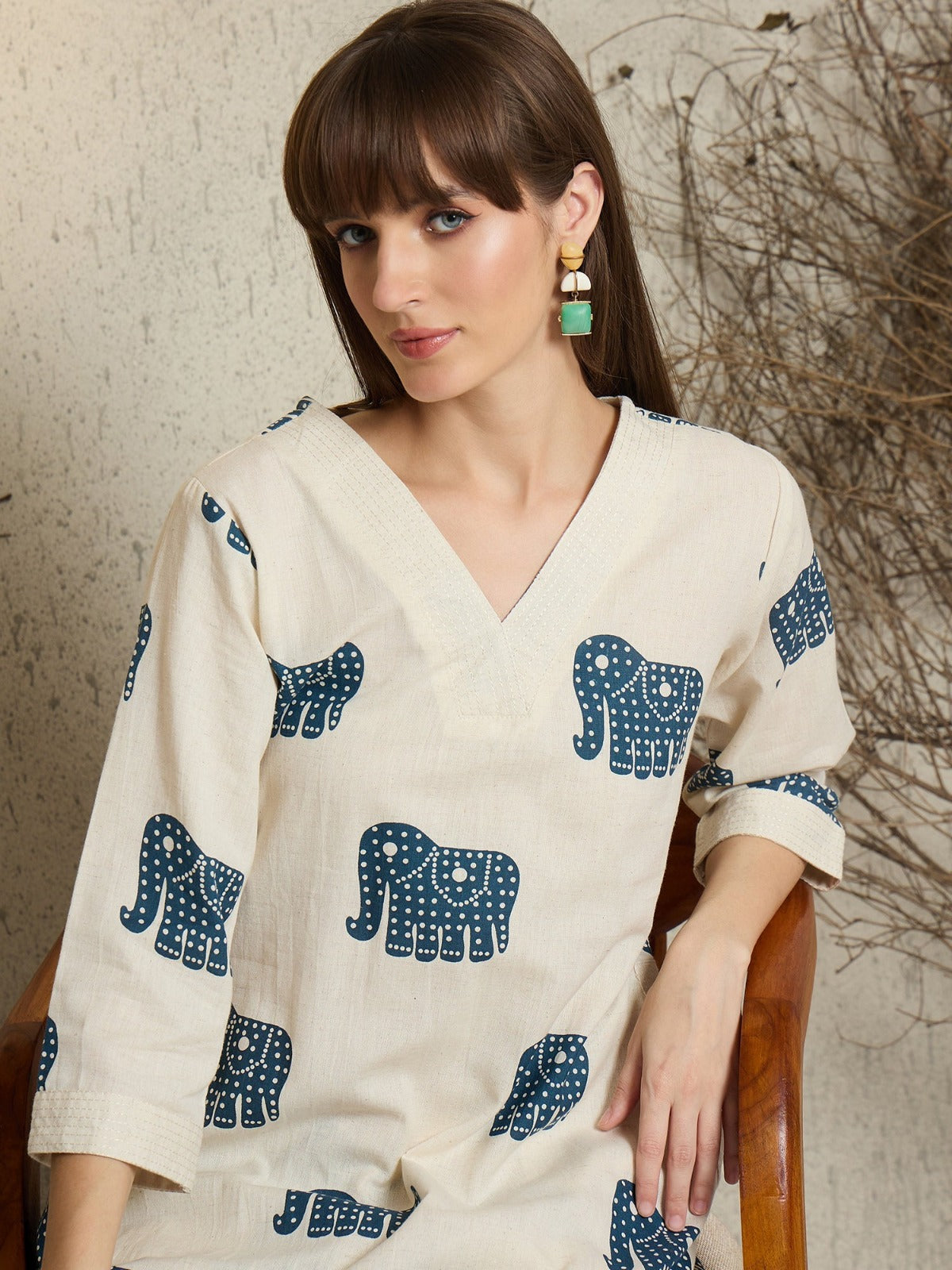 Off-White Cotton Elephant Print Kurta Palazzo Set