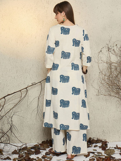 Off-White Cotton Elephant Print Kurta Palazzo Set
