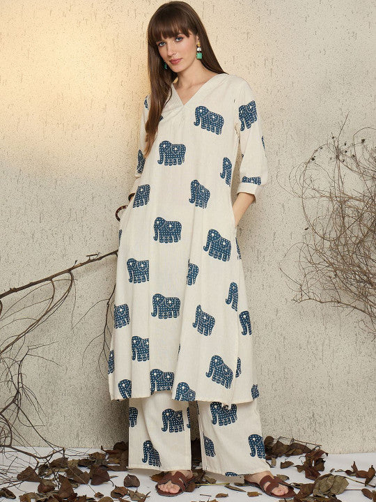Off-White Cotton Elephant Print Kurta Palazzo Set