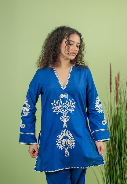Royal Blue Embroidered Kurta Pant Set for Women