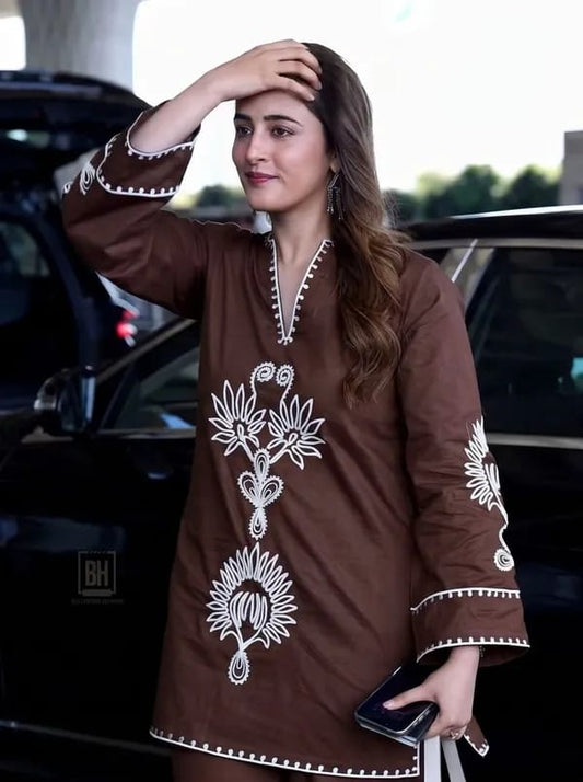 Women's Brown Embroidered Kurta Pant Set with White Floral Design