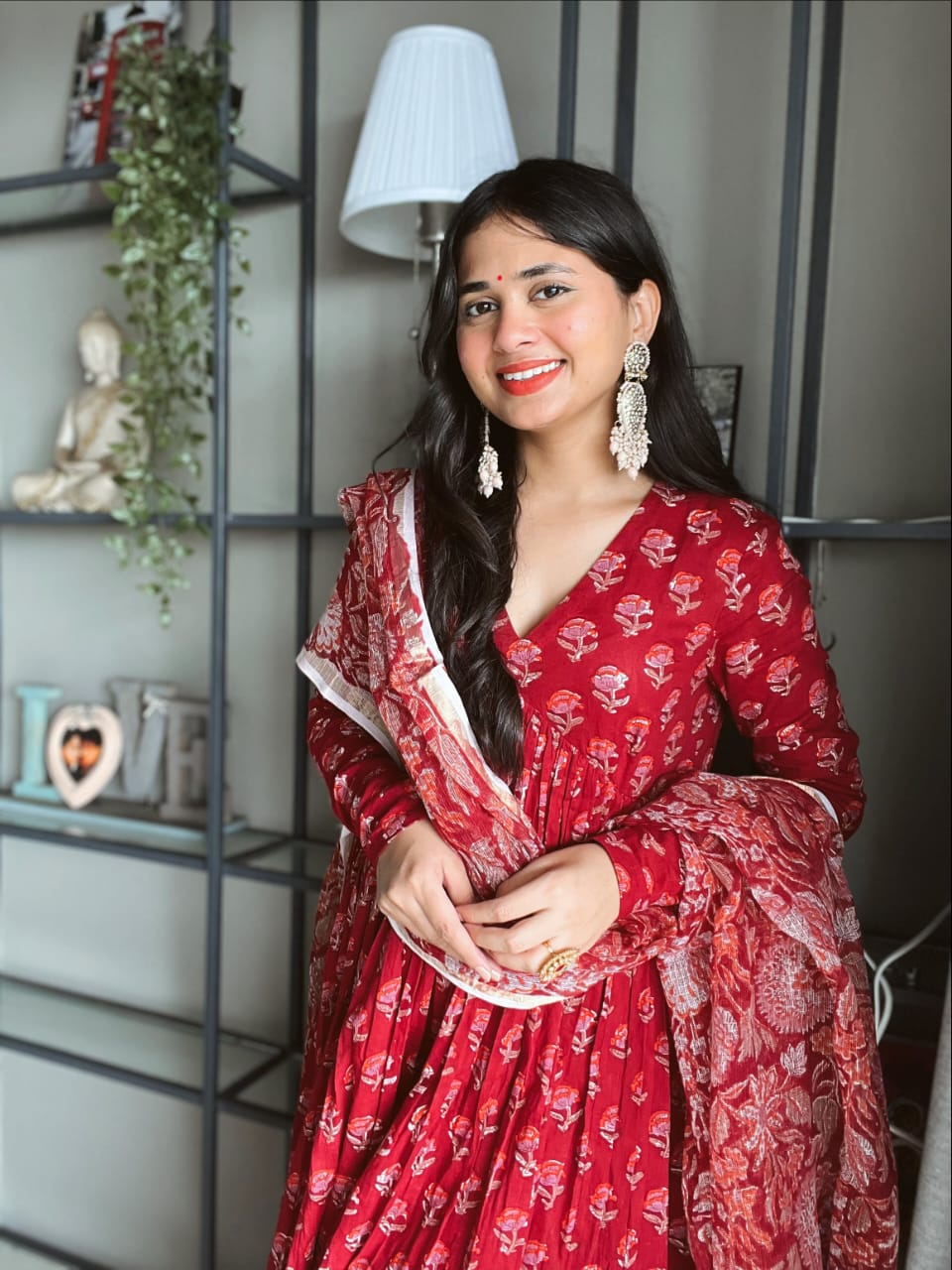 Red Floral Printed Cotton Kurta Pant Set with Dupatta for Women
