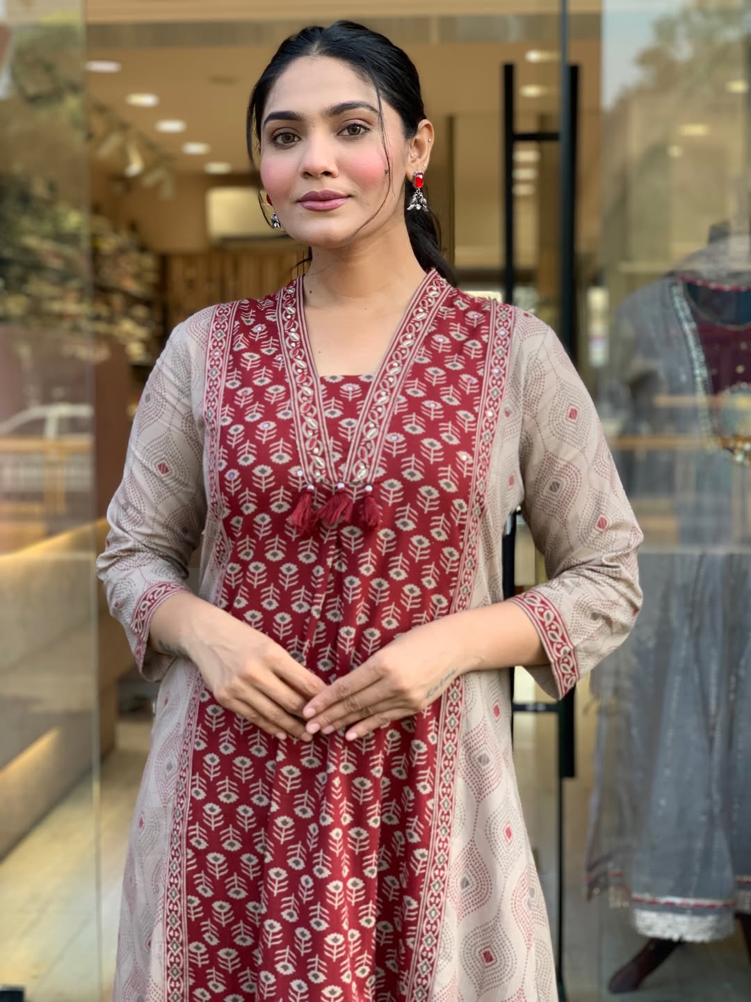 Maroon Printed Kurta Pant Dupatta Set