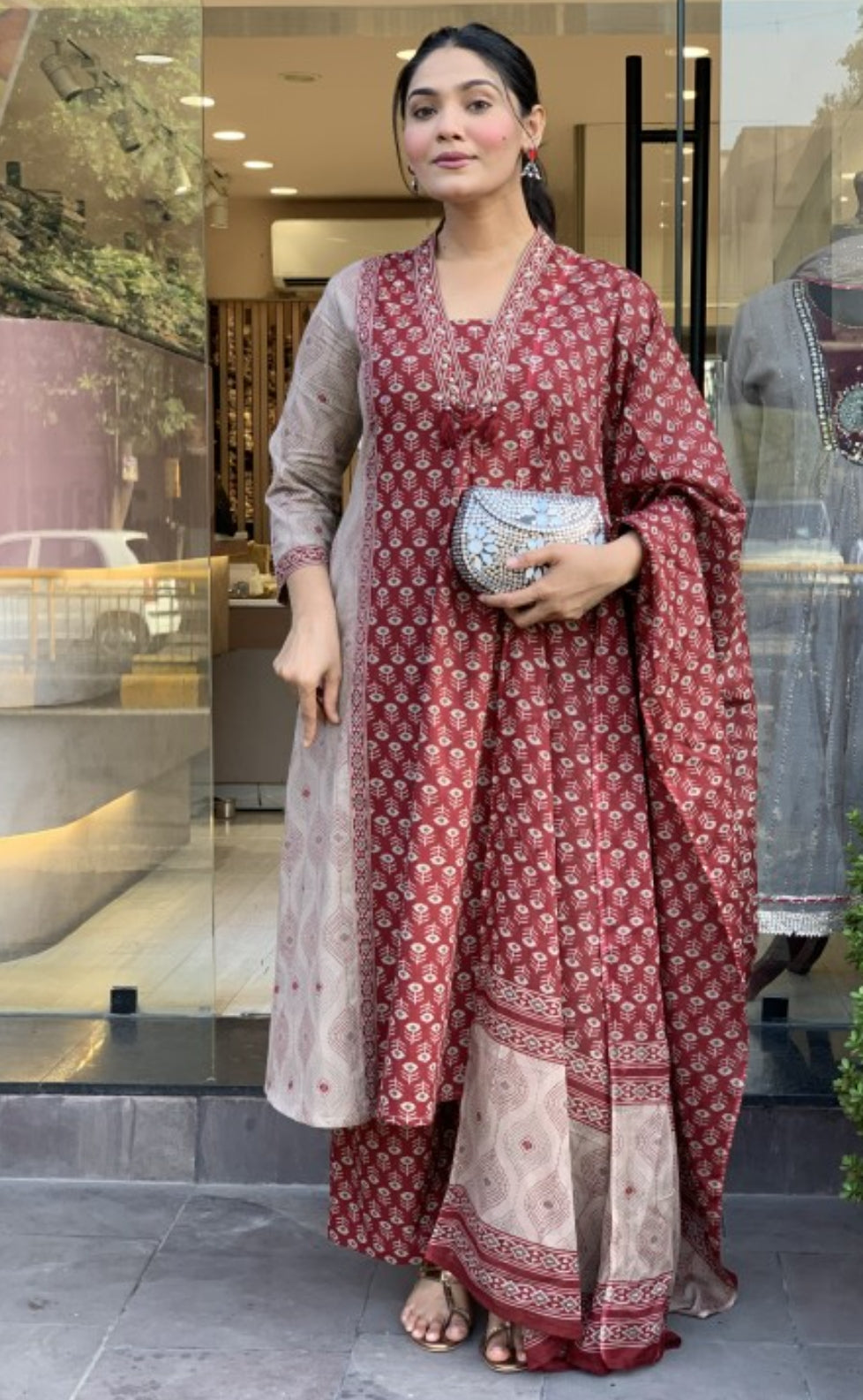 Maroon Printed Kurta Pant Dupatta Set