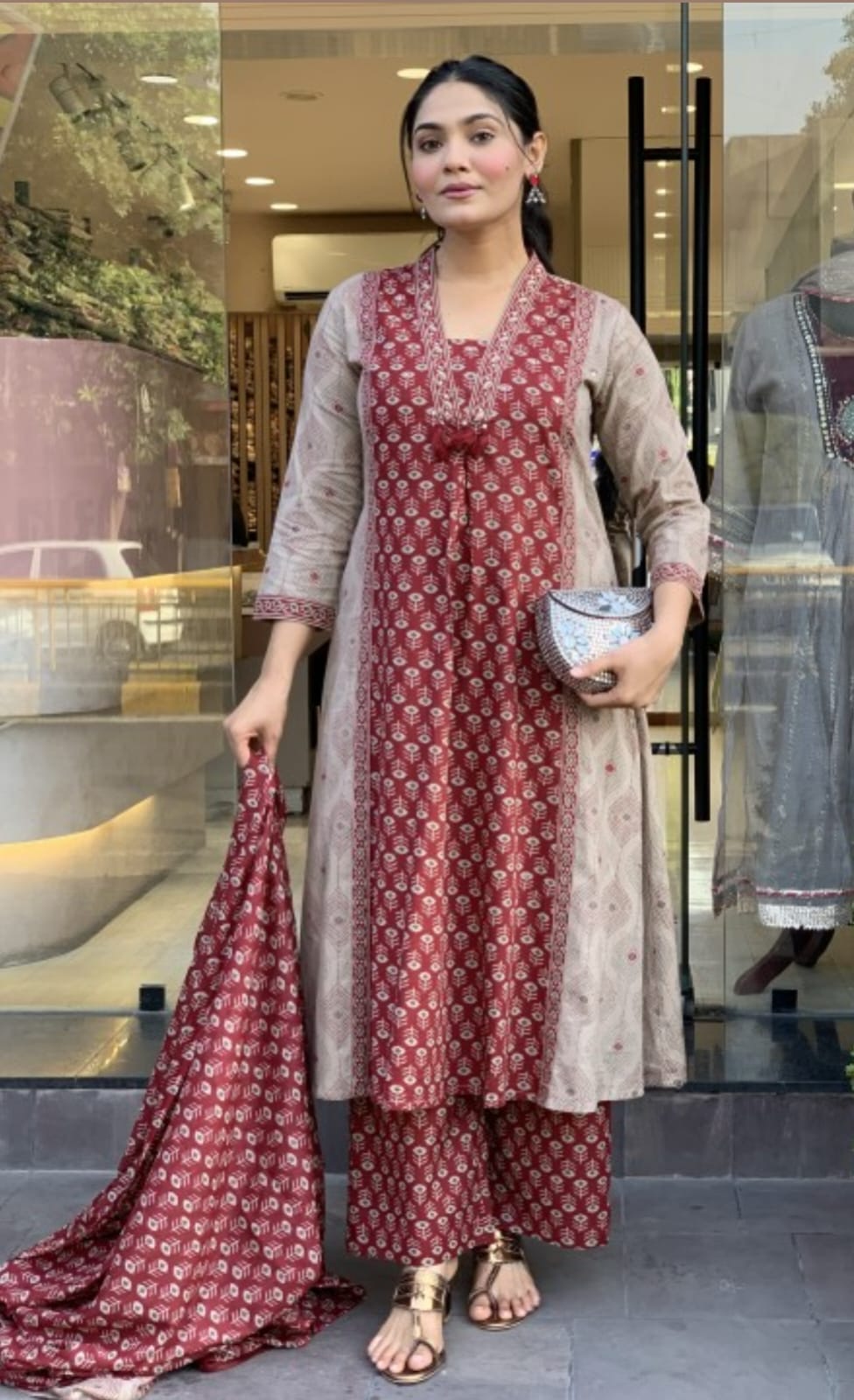 Maroon Printed Kurta Pant Dupatta Set