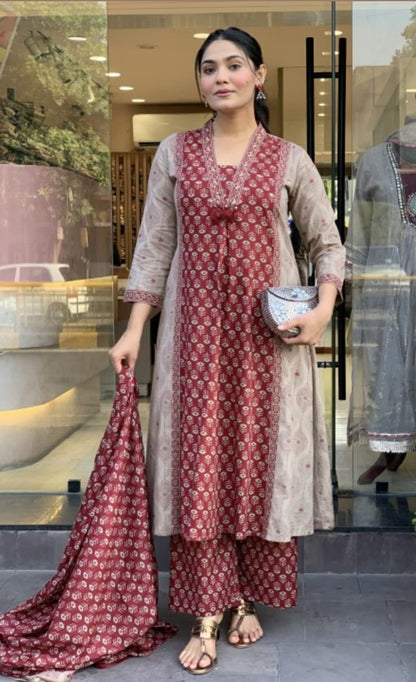 Maroon Printed Kurta Pant Dupatta Set