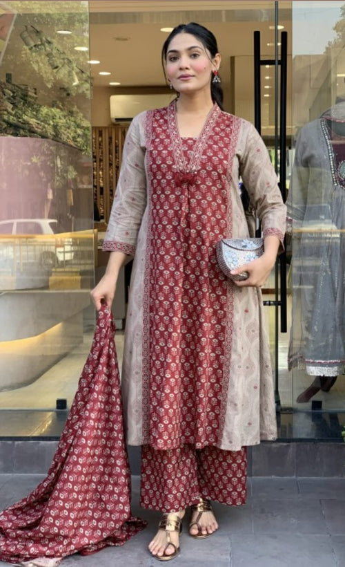 Maroon Printed Kurta Pant Dupatta Set