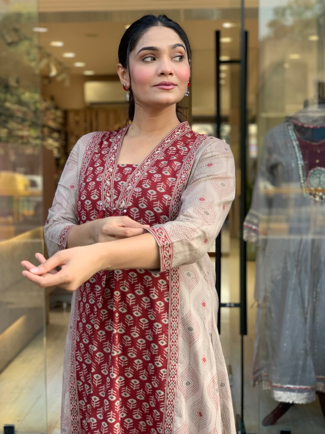 Maroon Printed Kurta Pant Dupatta Set