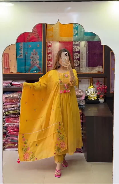 Yellow Embroidered Kurta Pant Dupatta Set