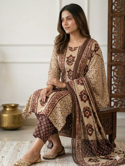 Beige Floral Printed Kurta Pant Dupatta Set