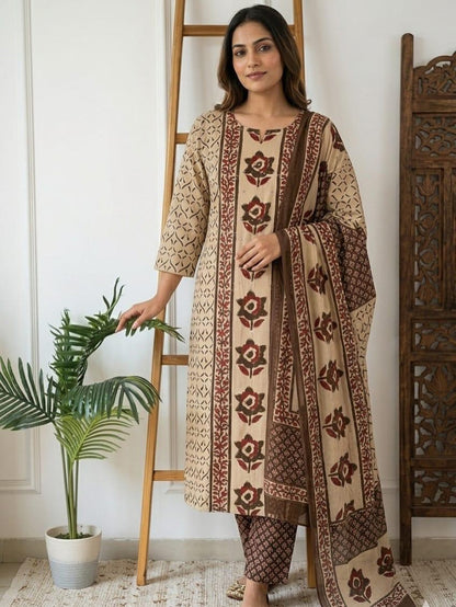 Beige Floral Printed Kurta Pant Dupatta Set