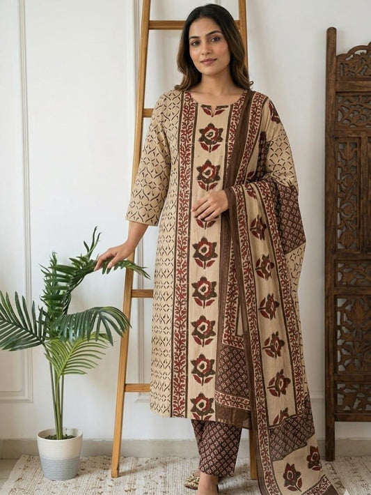 Beige Floral Printed Kurta Pant Dupatta Set