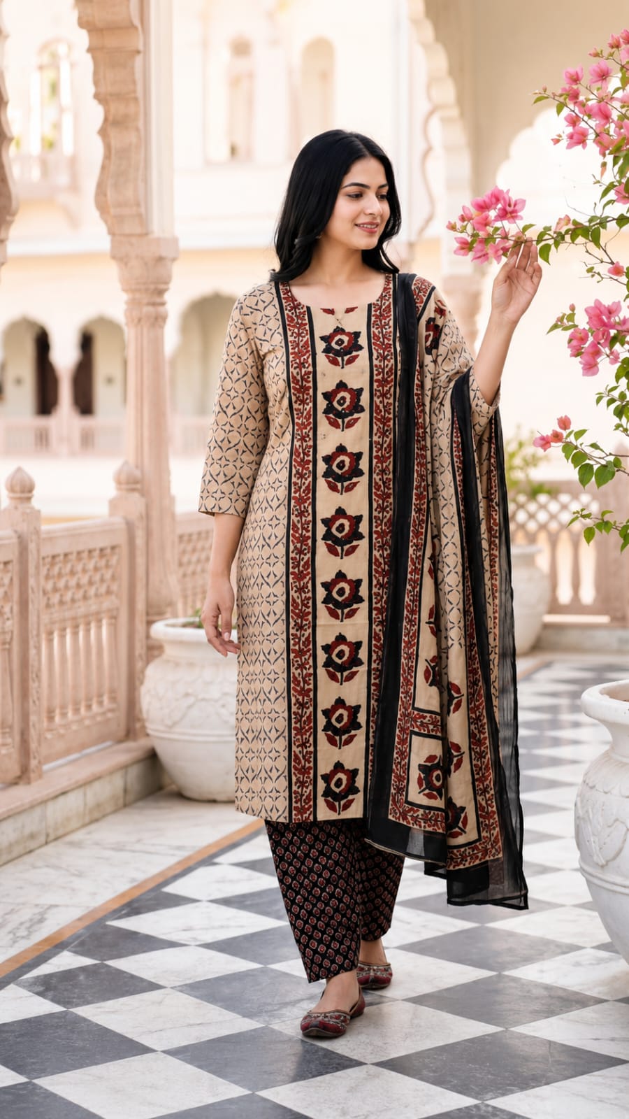 Beige Floral Printed Kurta Pant Dupatta Set