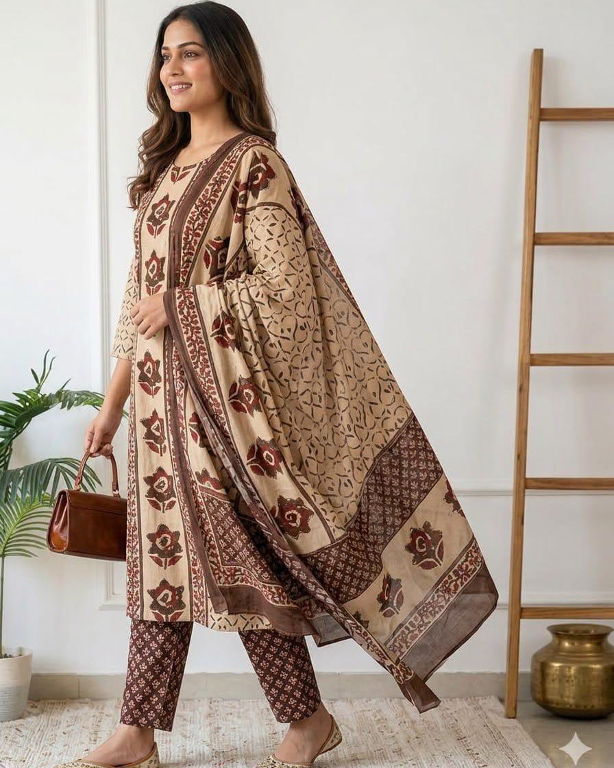 Beige Floral Printed Kurta Pant Dupatta Set