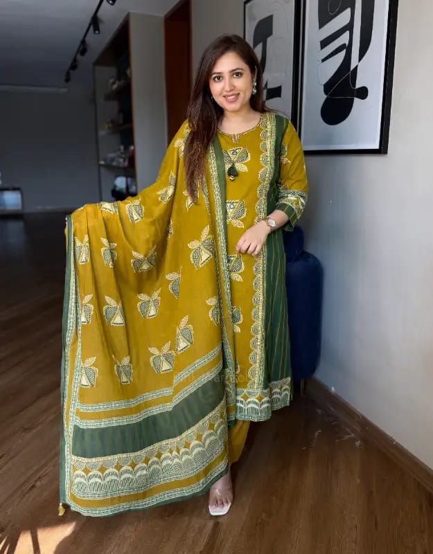 Mustard Printed Kurta Pant Dupatta Set