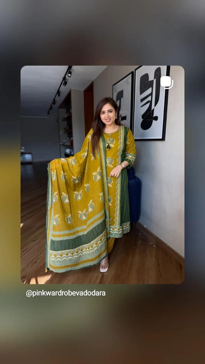 Mustard Printed Kurta Pant Dupatta Set