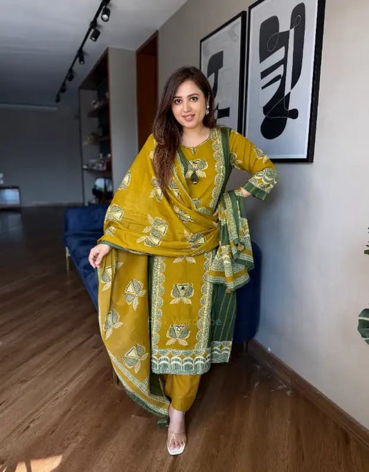 Mustard Printed Kurta Pant Dupatta Set