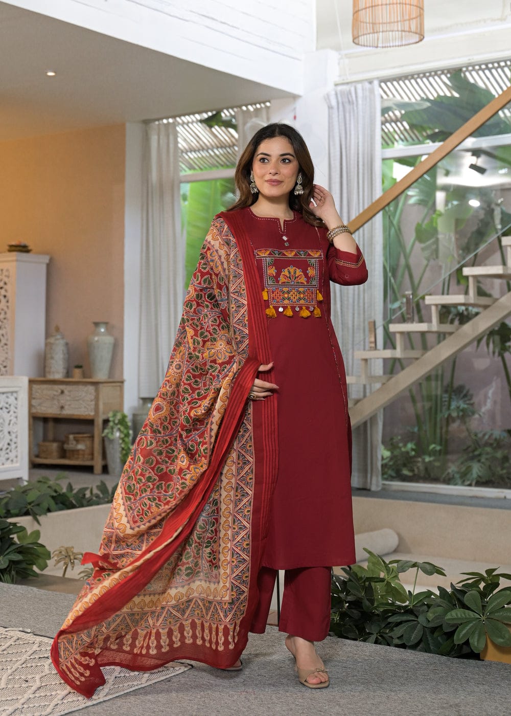 Maroon Embroidered Kurta Pant Dupatta Set