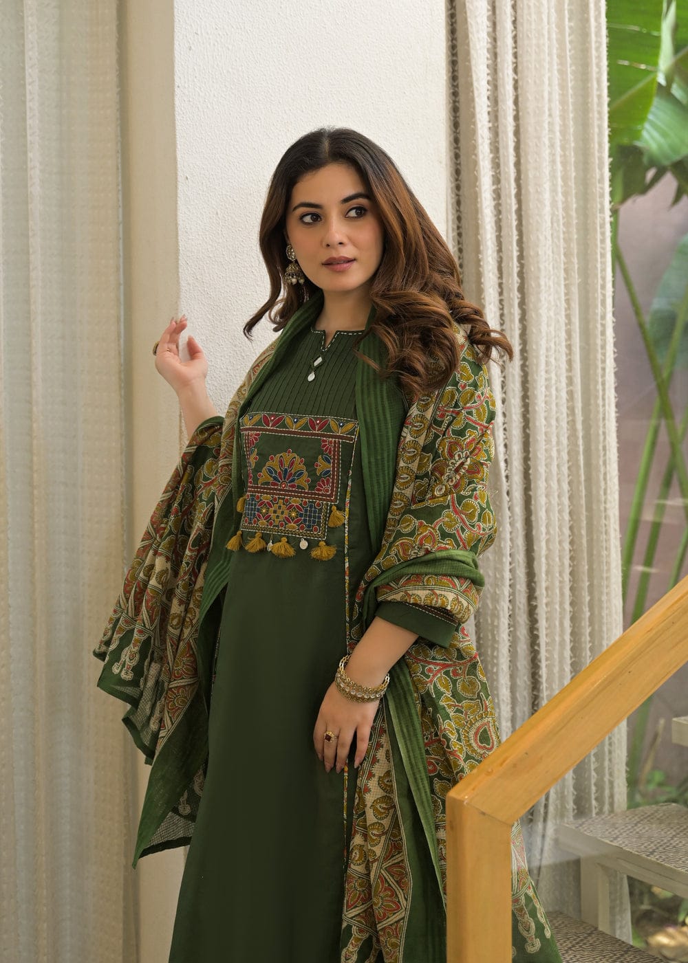 Olive Green Embroidered Kurta Pant Dupatta Set