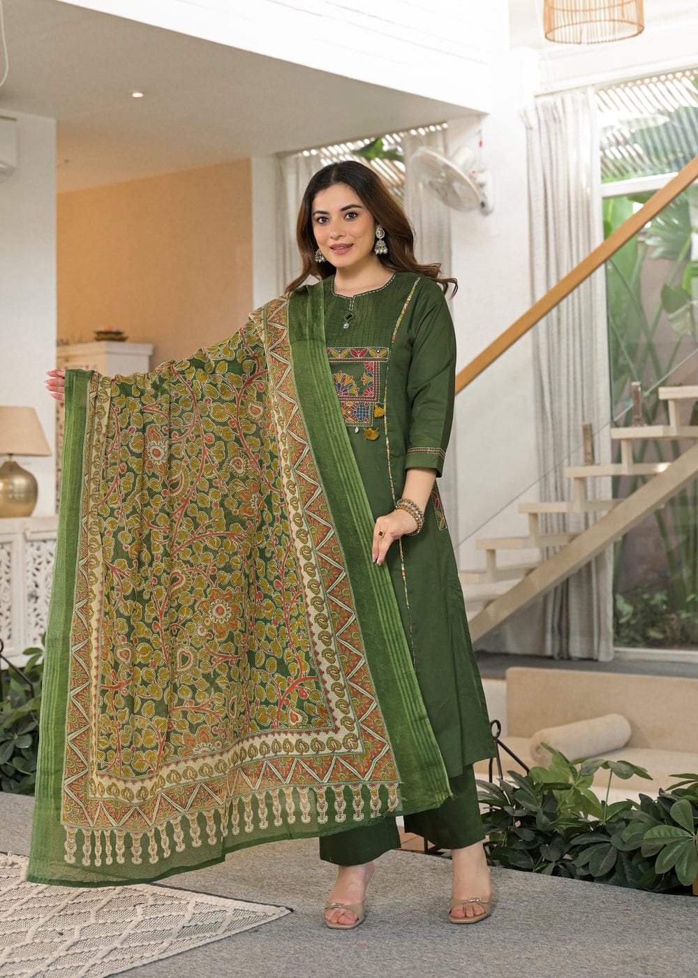 Olive Green Embroidered Kurta Pant Dupatta Set