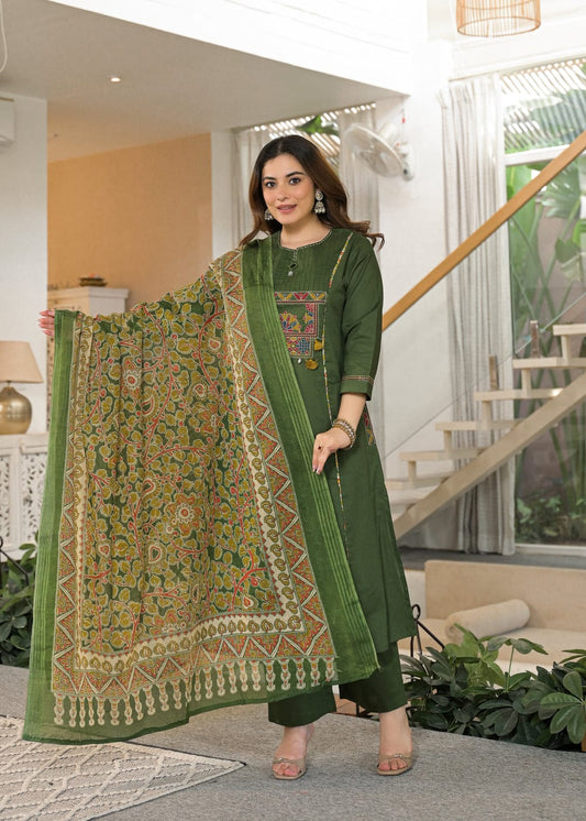 Olive Green Embroidered Kurta Pant Dupatta Set