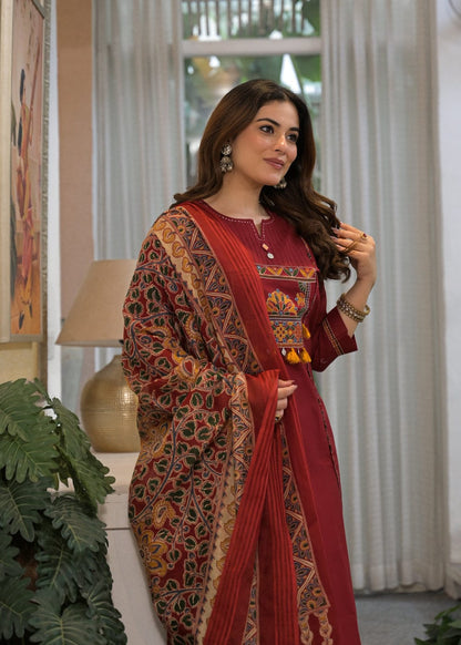 Maroon Embroidered Kurta Pant Dupatta Set