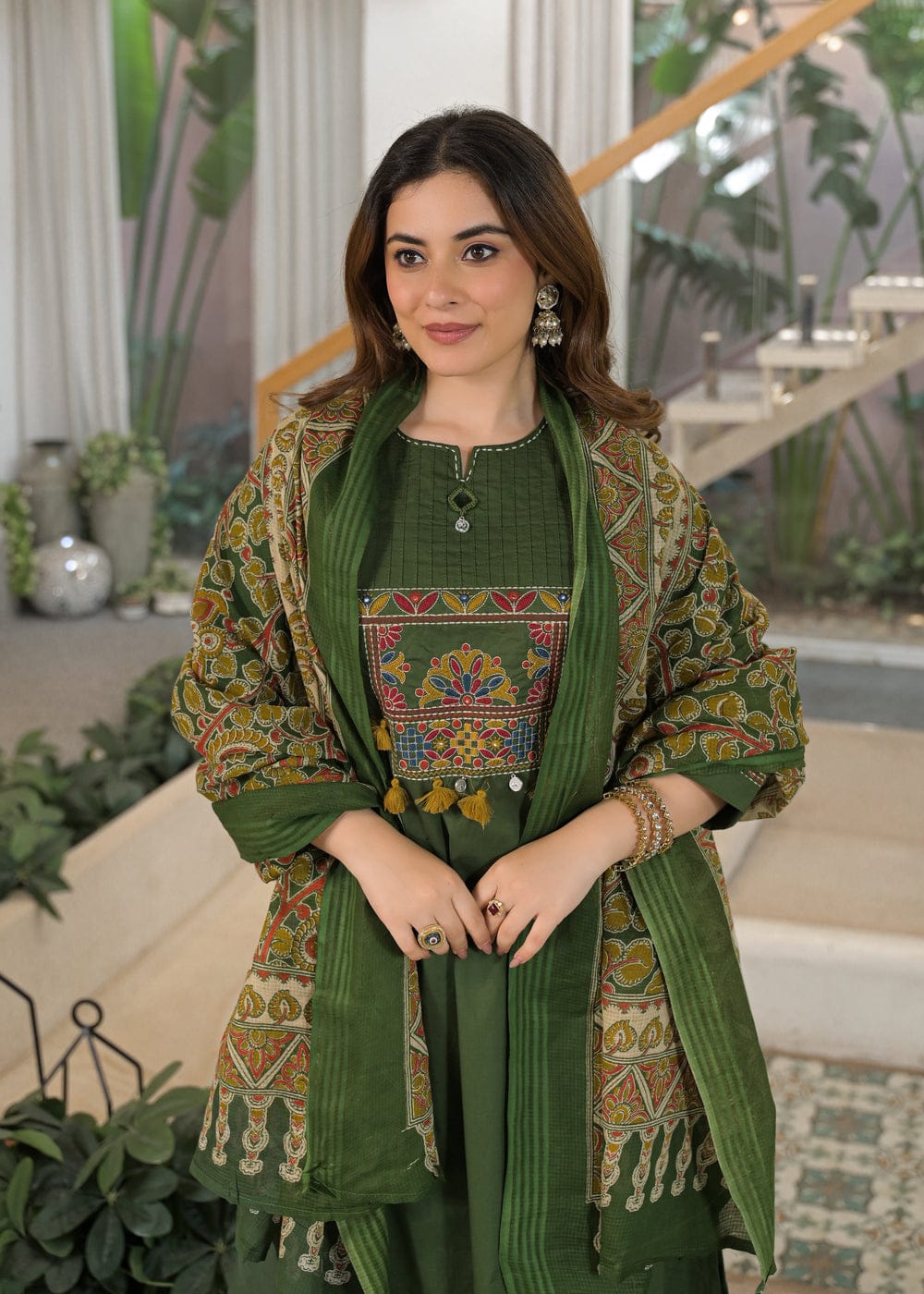 Olive Green Embroidered Kurta Pant Dupatta Set