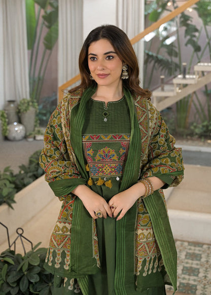 Olive Green Embroidered Kurta Pant Dupatta Set