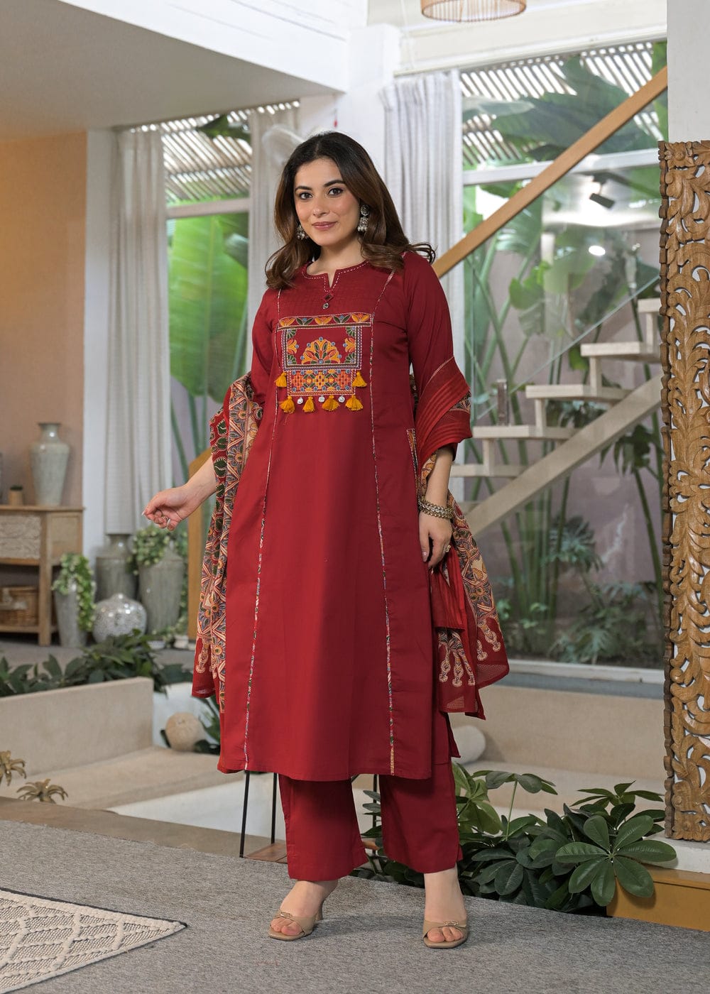 Maroon Embroidered Kurta Pant Dupatta Set