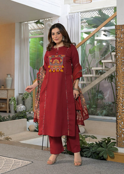 Maroon Embroidered Kurta Pant Dupatta Set