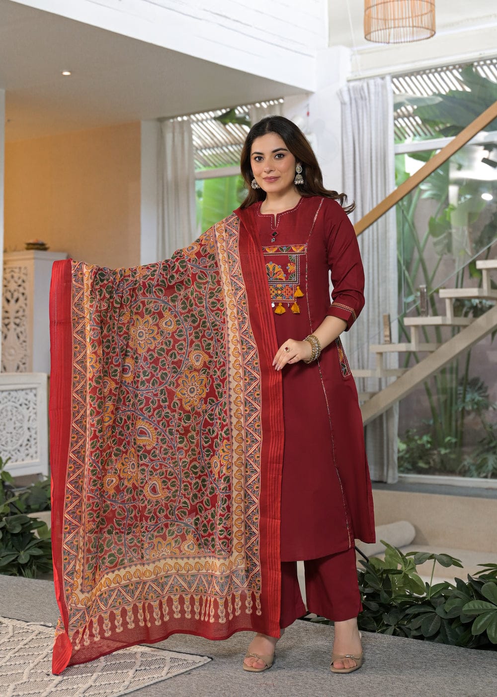 Maroon Embroidered Kurta Pant Dupatta Set