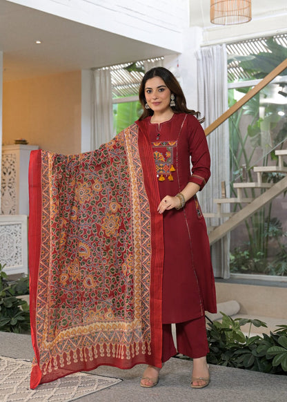 Maroon Embroidered Kurta Pant Dupatta Set
