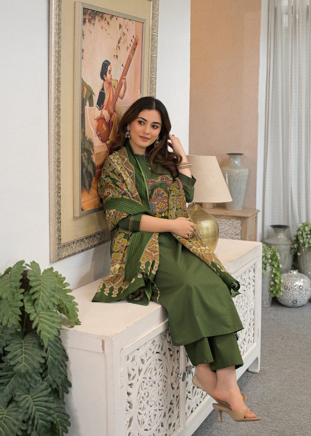 Olive Green Embroidered Kurta Pant Dupatta Set