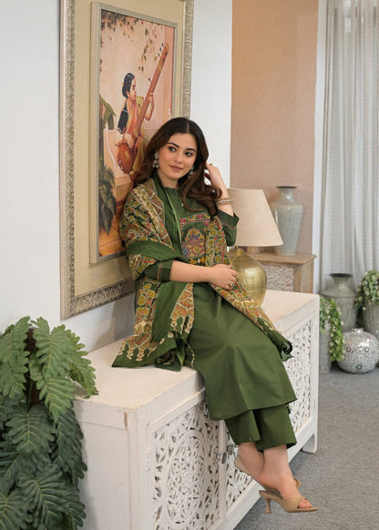 Olive Green Embroidered Kurta Pant Dupatta Set