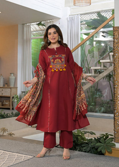 Maroon Embroidered Kurta Pant Dupatta Set