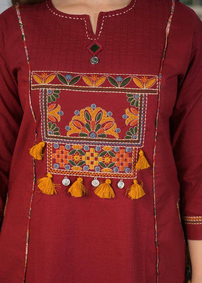 Maroon Embroidered Kurta Pant Dupatta Set