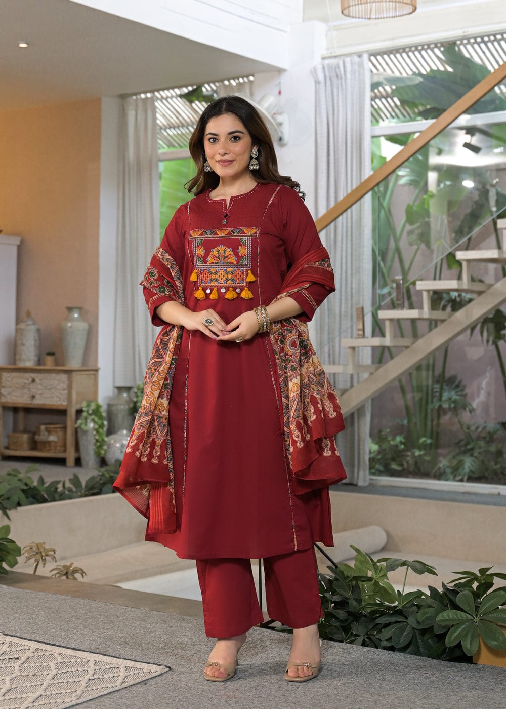 Maroon Embroidered Kurta Pant Dupatta Set