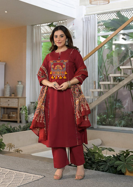 Maroon Embroidered Kurta Pant Dupatta Set