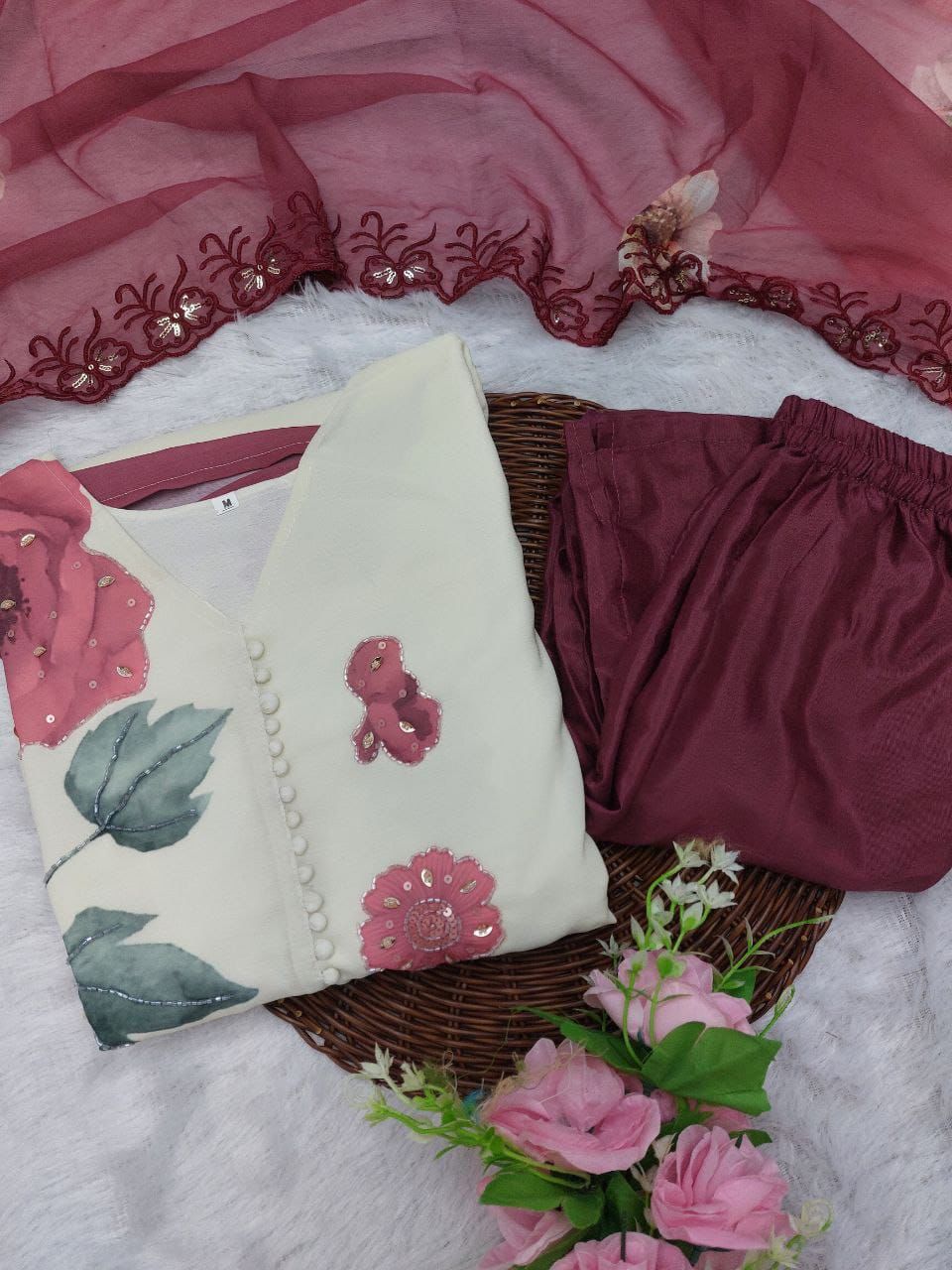 Ivory & Blush Floral Anarkali Set with Printed Dupatta