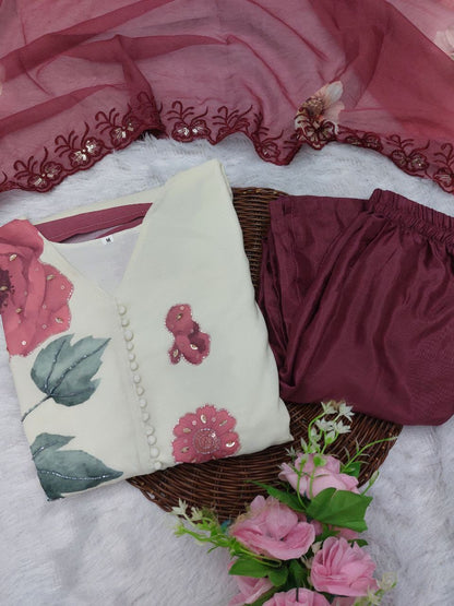 Ivory & Blush Floral Anarkali Set with Printed Dupatta