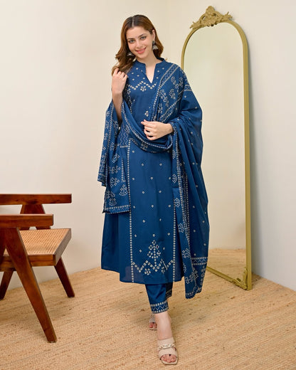 Teal Blue Printed Kurta Pant Set with Dupatta for Women