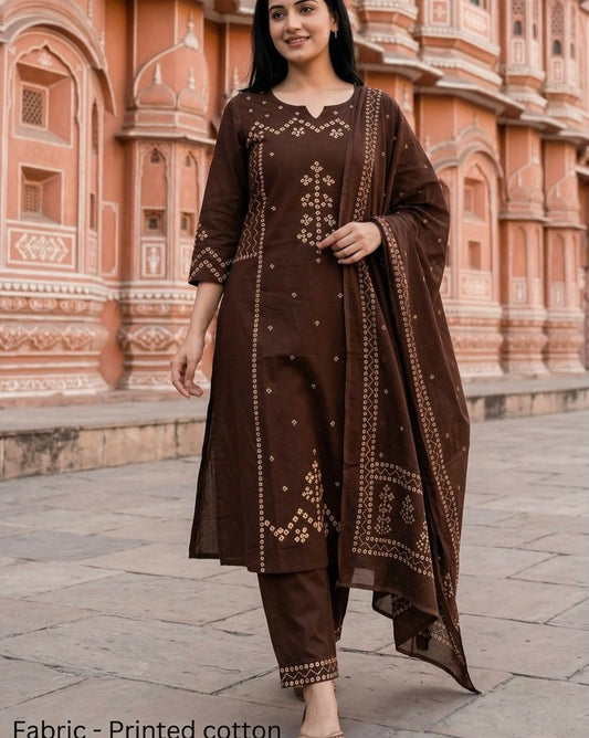 Brown Printed Cotton Kurta Pant Set with Dupatta for Women