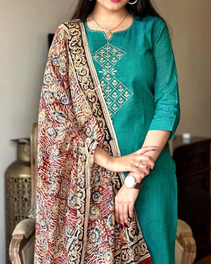 Handloom South Cotton Embroidered Kurta Set | 3-Piece Suit with Mulmul Dupatta | Ethnic Wear for Women
