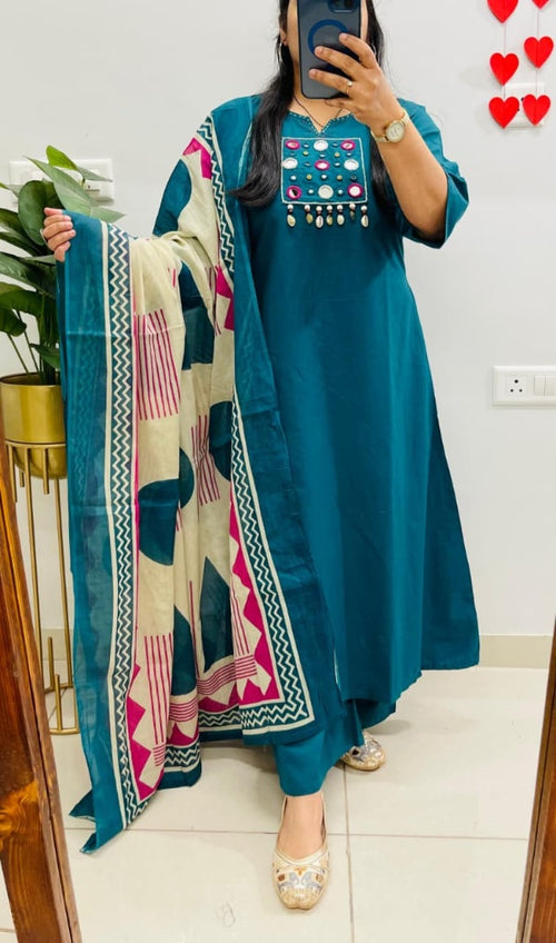 Royal Teal Blue Mirror Work Kurta Set with Shell Tassels & Geometric Printed Dupatta