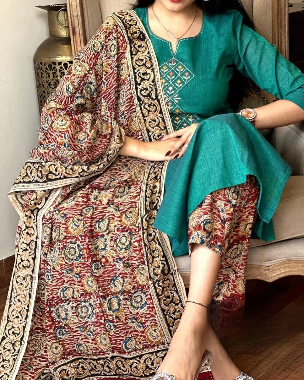 Handloom South Cotton Embroidered Kurta Set | 3-Piece Suit with Mulmul Dupatta | Ethnic Wear for Women