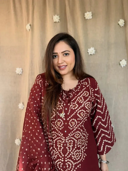 Maroon Bandhani Kurta Set with Dupatta for Women